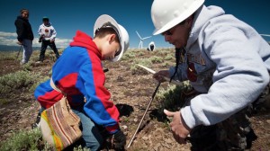 Umatilla tribal members digging roots beneath windmills in their ceded territory.